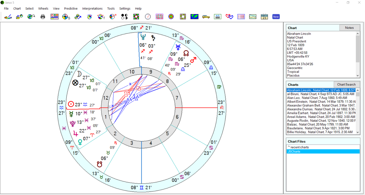 Janus professional astrology software interface
